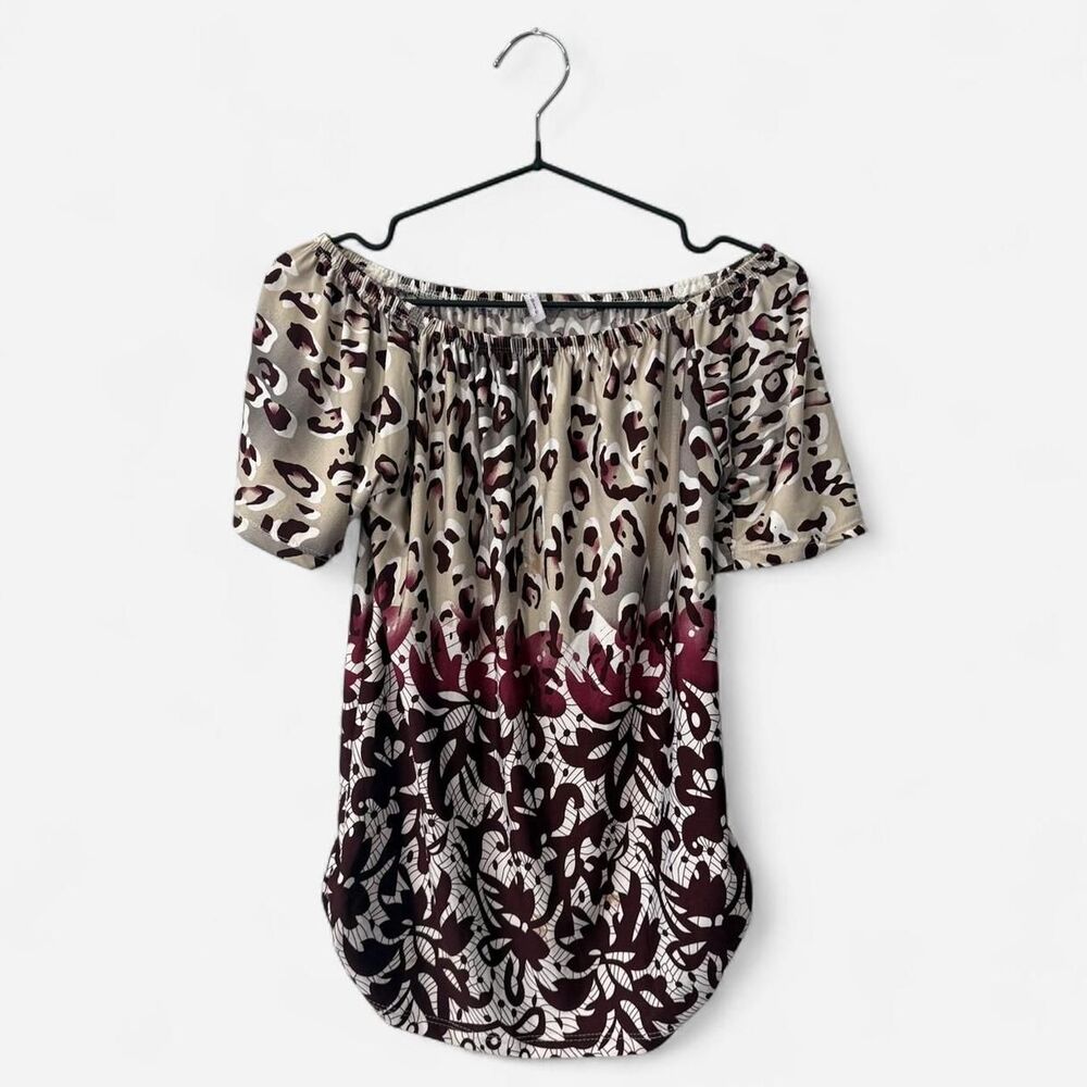 Whimsigoth Off-The-Shoulder Leopard Burgundy Print Blouse Animal Print XS/S